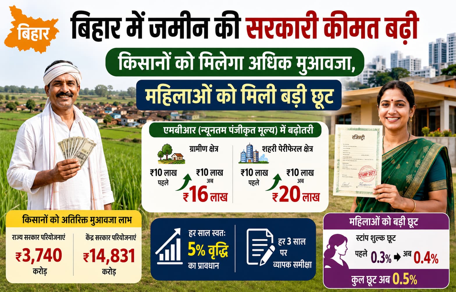 बिहार में जमीन की सरकारी कीमत बढ़ी — किसानों को मिलेगा अधिक मुआवजा, महिलाओं को मिली बड़ी छूट